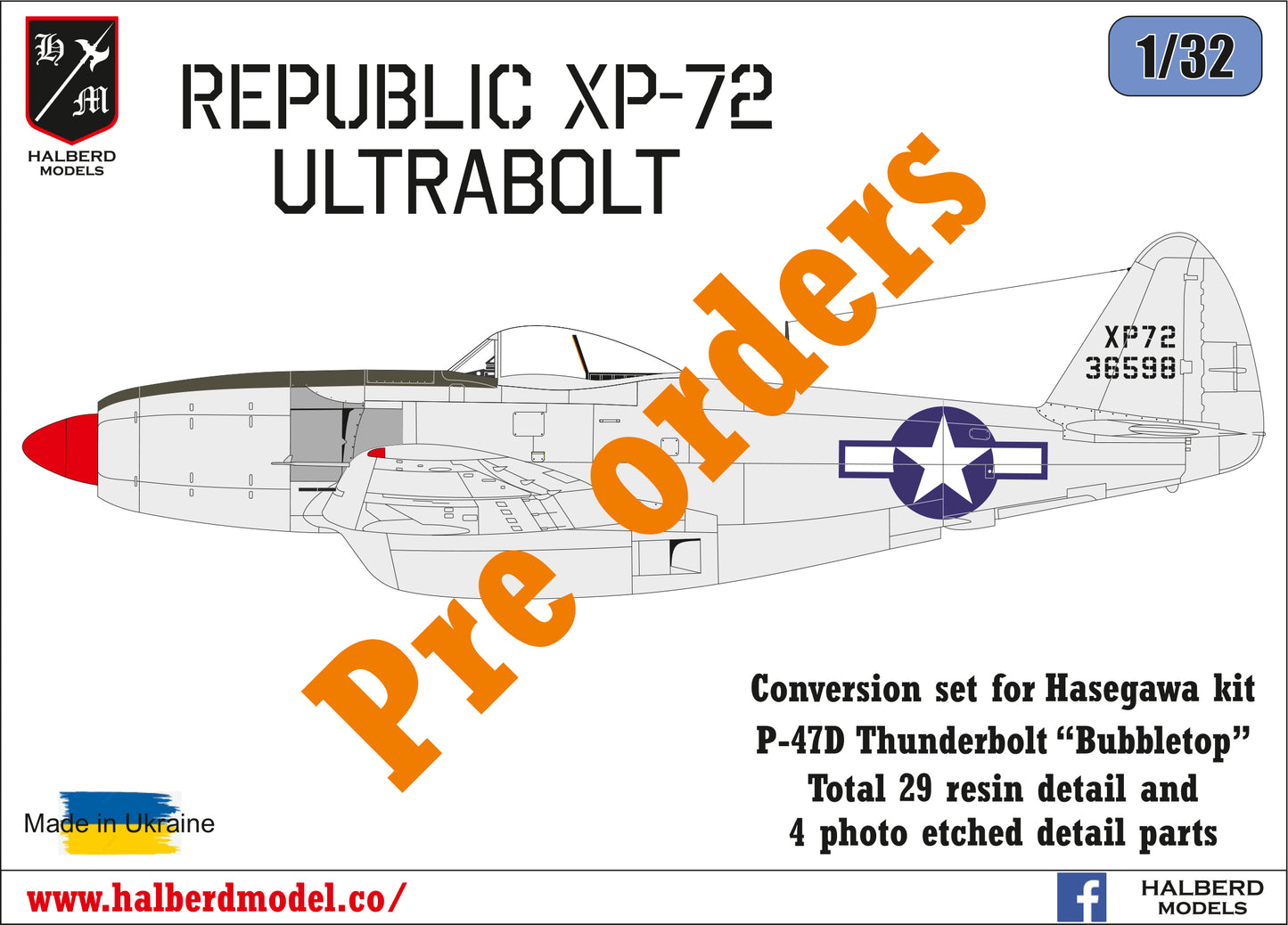 Republic XP-72 Ultrabolt conversion set for Hasegawa kit P-47D Thunderbolt 1/32 scale