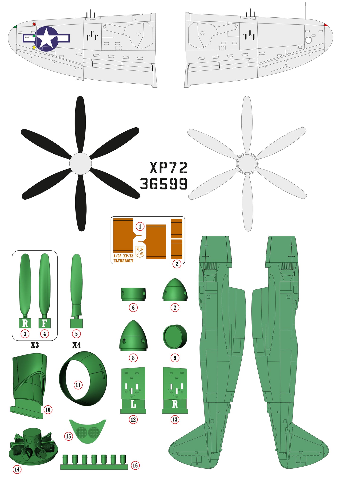 Republic XP-72 Ultrabolt conversion set for Hasegawa kit P-47D Thunderbolt 1/32 scale