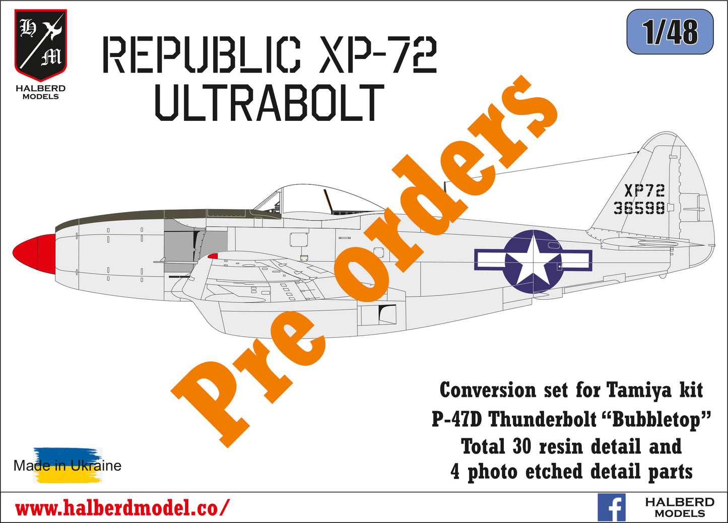 Republic XP-72 Ultrabolt conversion set for Tamiya kit P-47D Thunderbolt "Bubbletop" 1/48 scale
