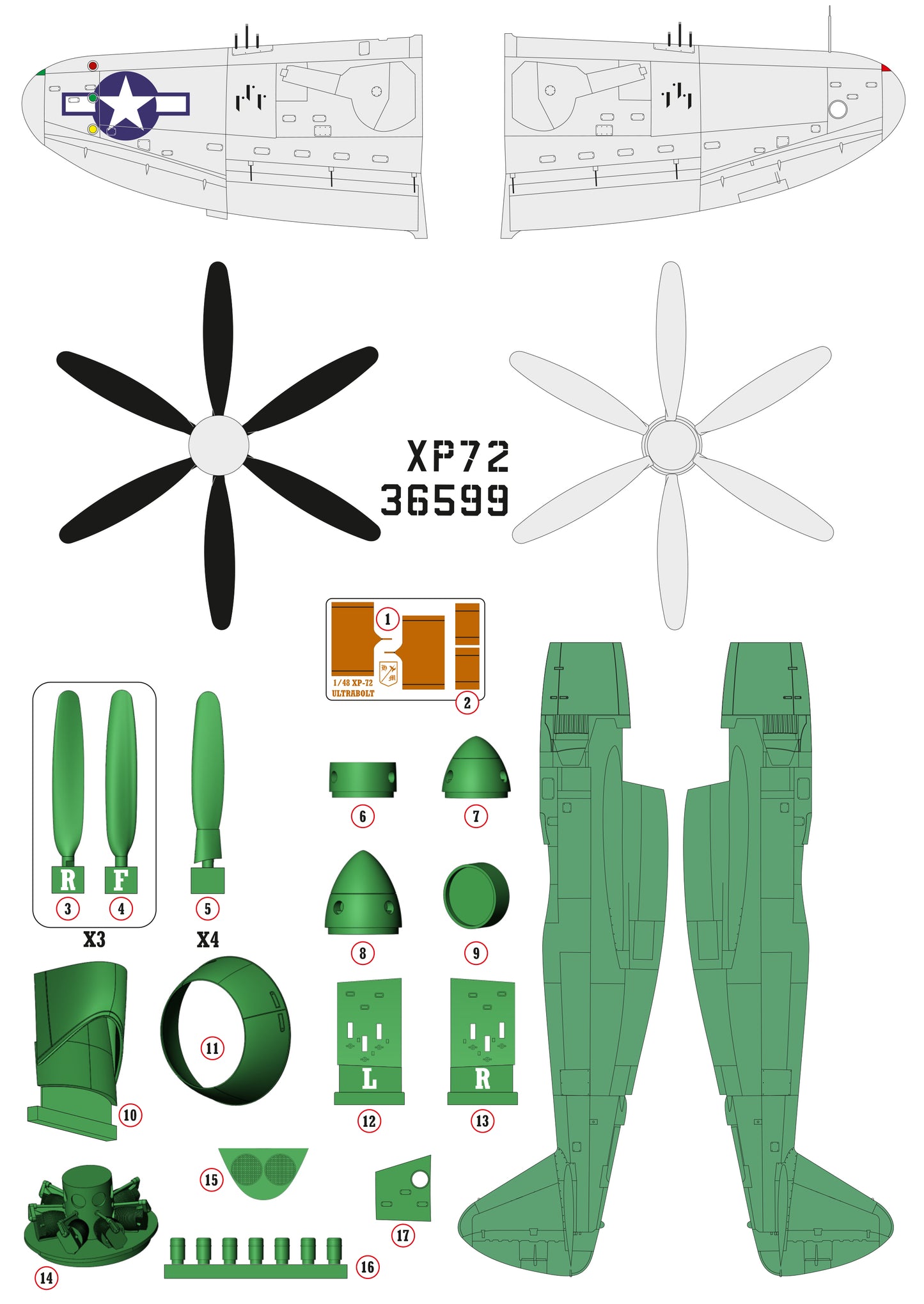 Republic XP-72 Ultrabolt conversion set for Tamiya kit P-47D Thunderbolt "Bubbletop" 1/48 scale